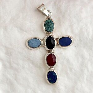 Onyx, Lapis, Turquoise, Malachite, Coral Cross Sterling Silver Vintage Pendant